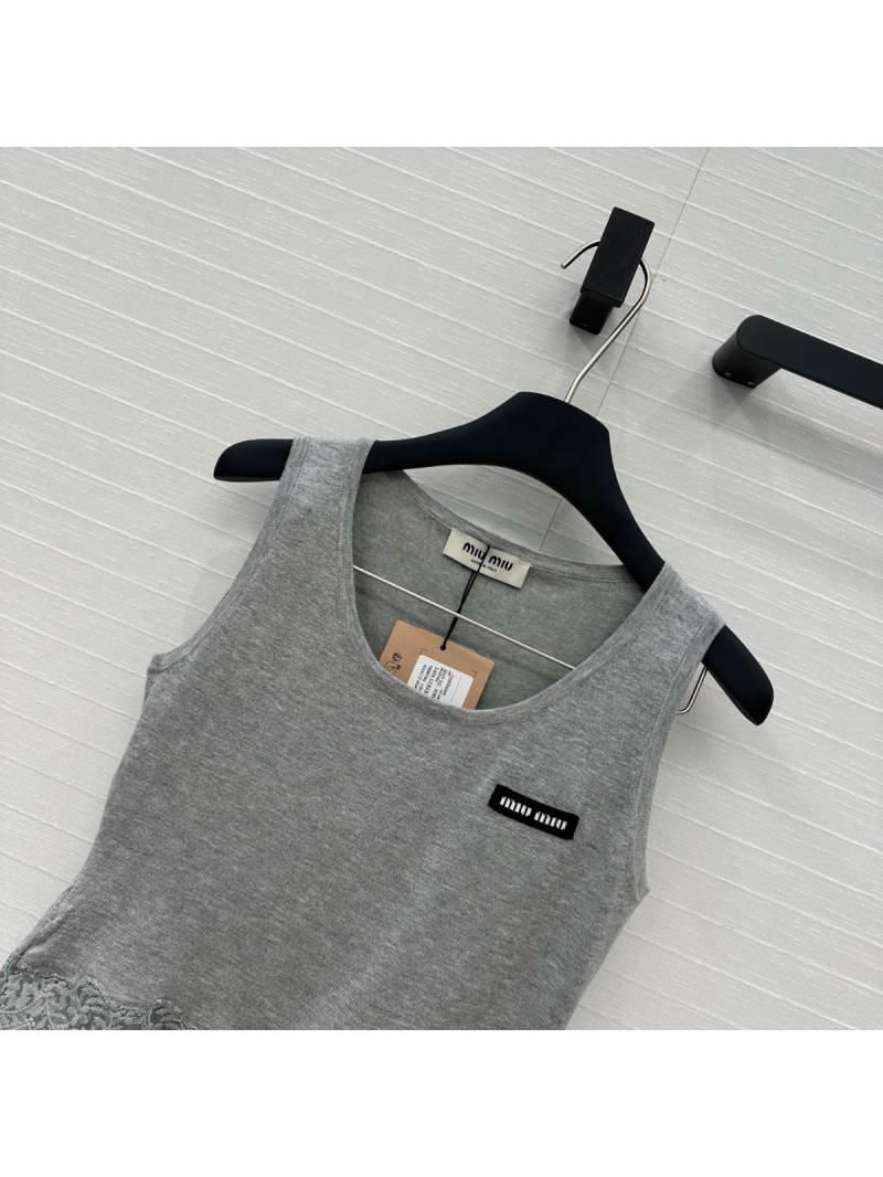 Miu Miu Ultra-Fine Knit Lace-Trim Tank Top Grey