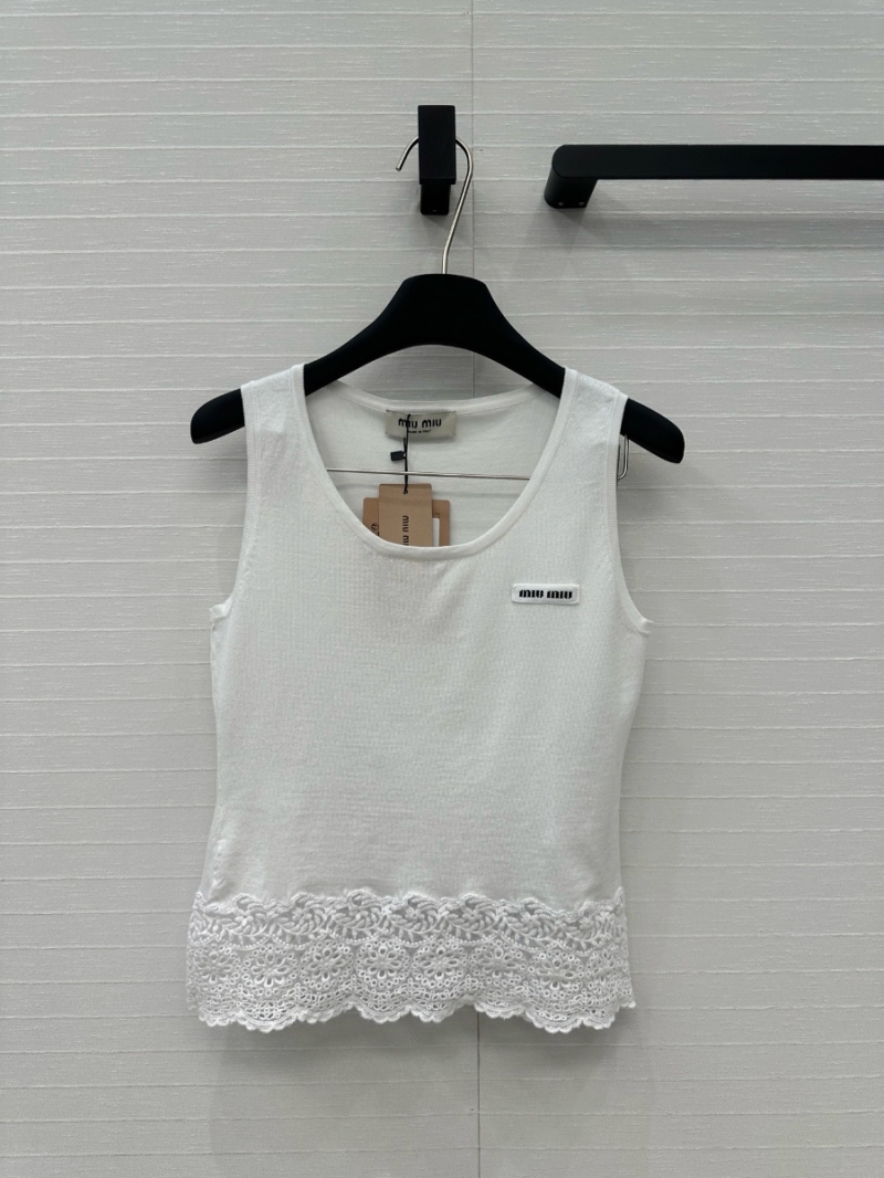 Miu Miu Ultra-Fine Knit Lace-Trim Tank Top White