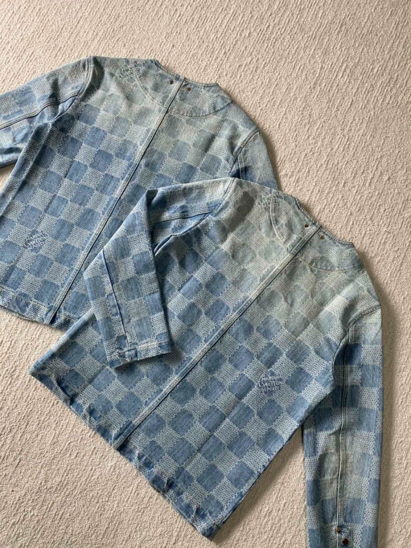  Louis Vuitton Pearl Collection Distressed Denim Jacket Set with 3D Damier Jacquard