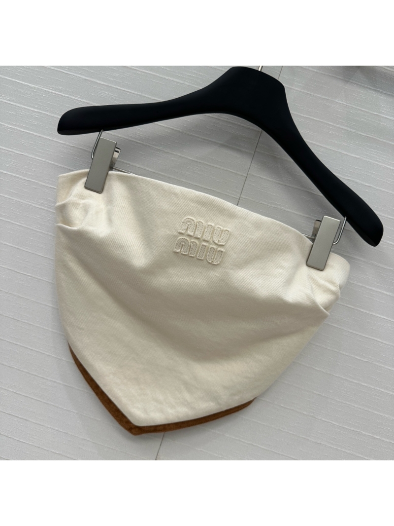 Miu Miu Contrast Suede-Trim Denim Bustier Top