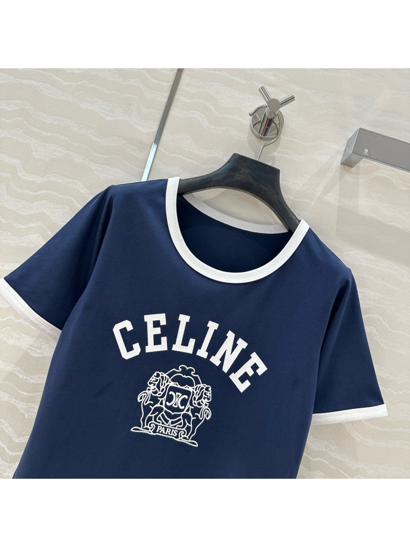 Celine College-Style Contrast-Trim Cotton T-Shirt Blue