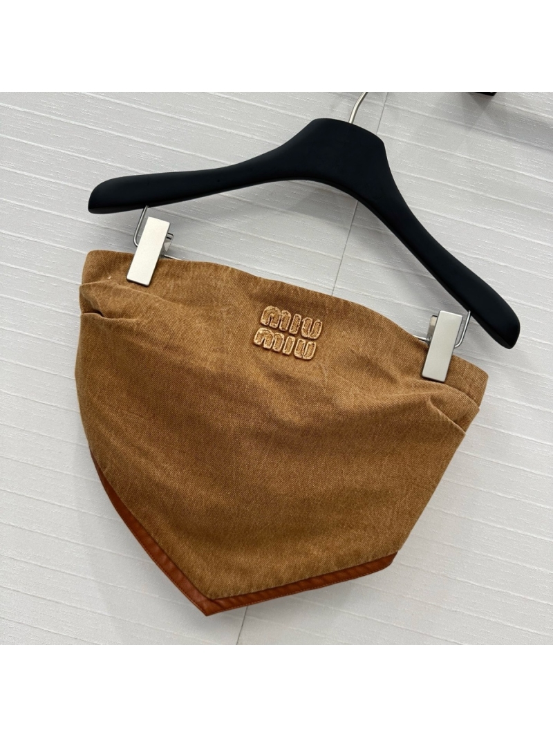 Miu Miu Contrast Suede-Trim Denim Bustier Top Brown