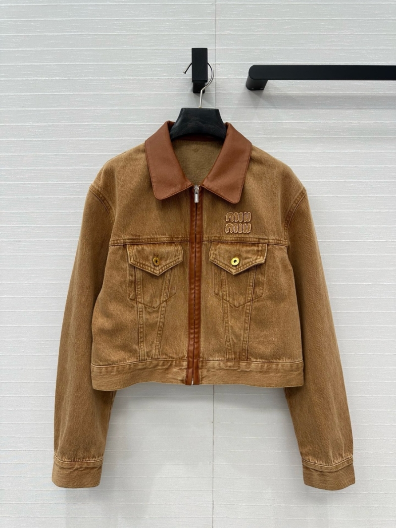 Miu Miu 25SS Retro Suede-Trim Denim Jacket Brown