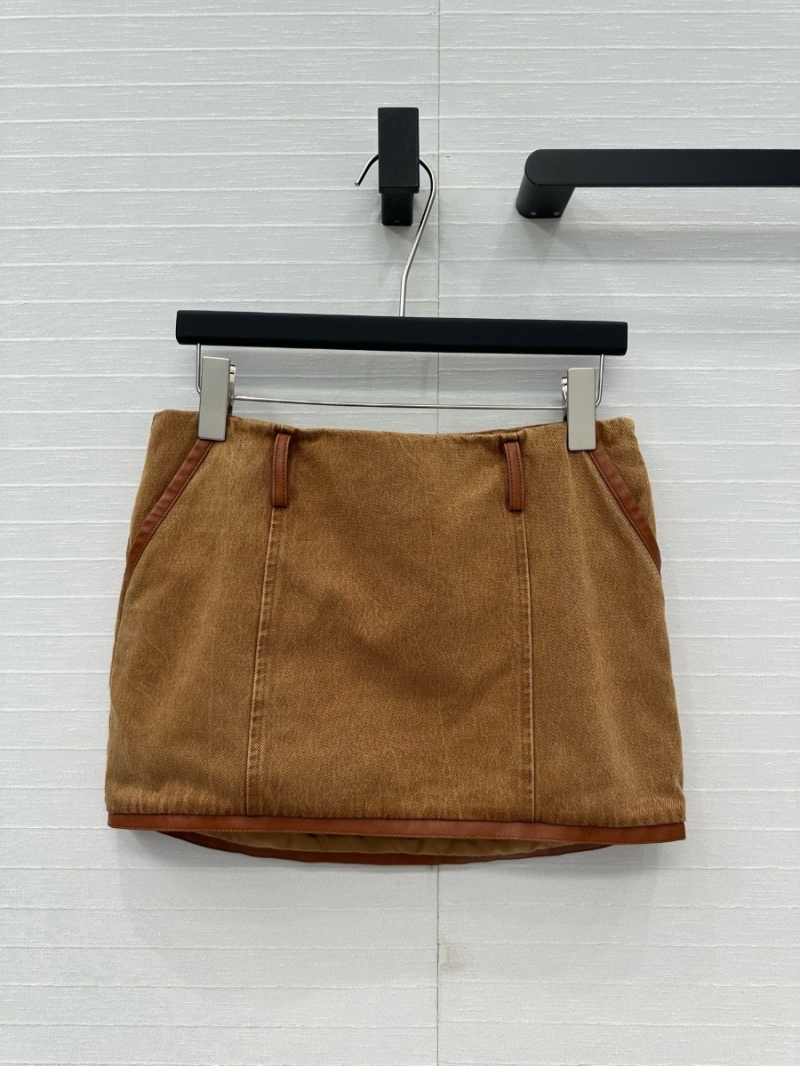 Miu Miu 25SS Leather-Trim Low-Rise Denim Mini Skirt