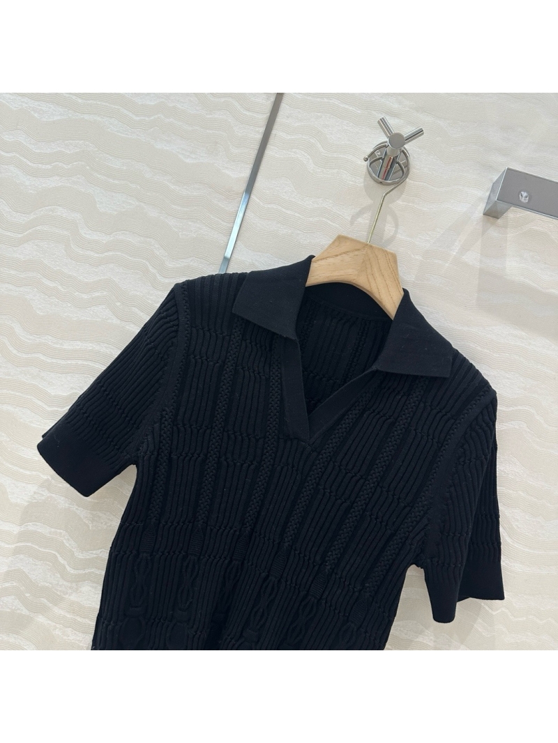 Hermes 2025 Spring/Summer Embossed Jacquard Knit V-Neck Polo Shirt Black