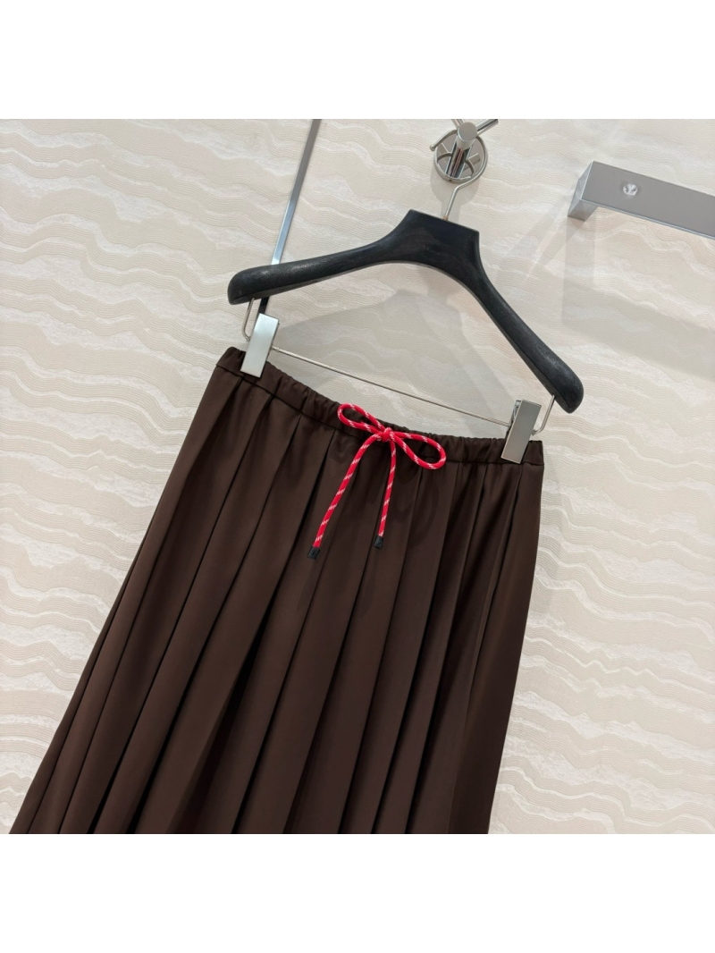 Miu Miu Academy-Style Pleated Long Skirt – Embroidered Detail Brown