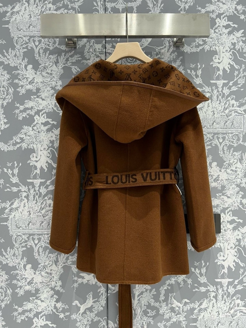Louis Vuitton LV New Caramel Classic Monogram Wool Hooded Coat - Double-sided Wear, Belted Monogram, Short Style