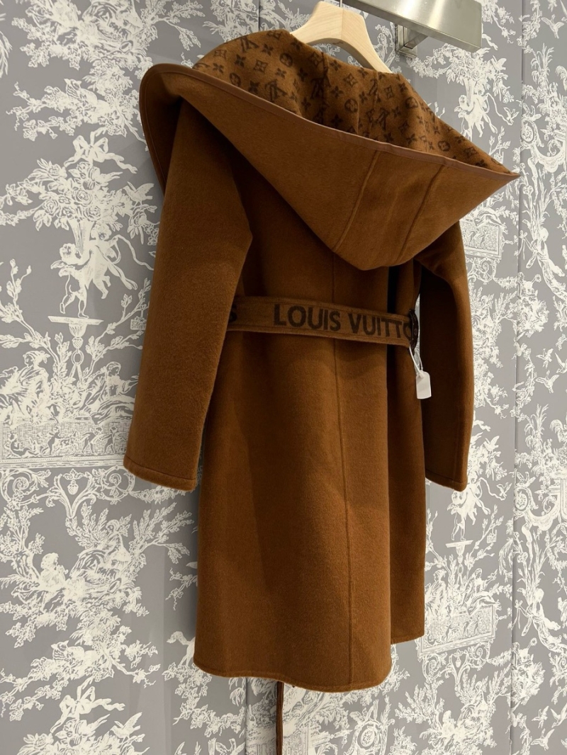 Louis Vuitton LV New Caramel Classic Monogram Wool Hooded Coat with Reversible Wear and Belted Letter Design