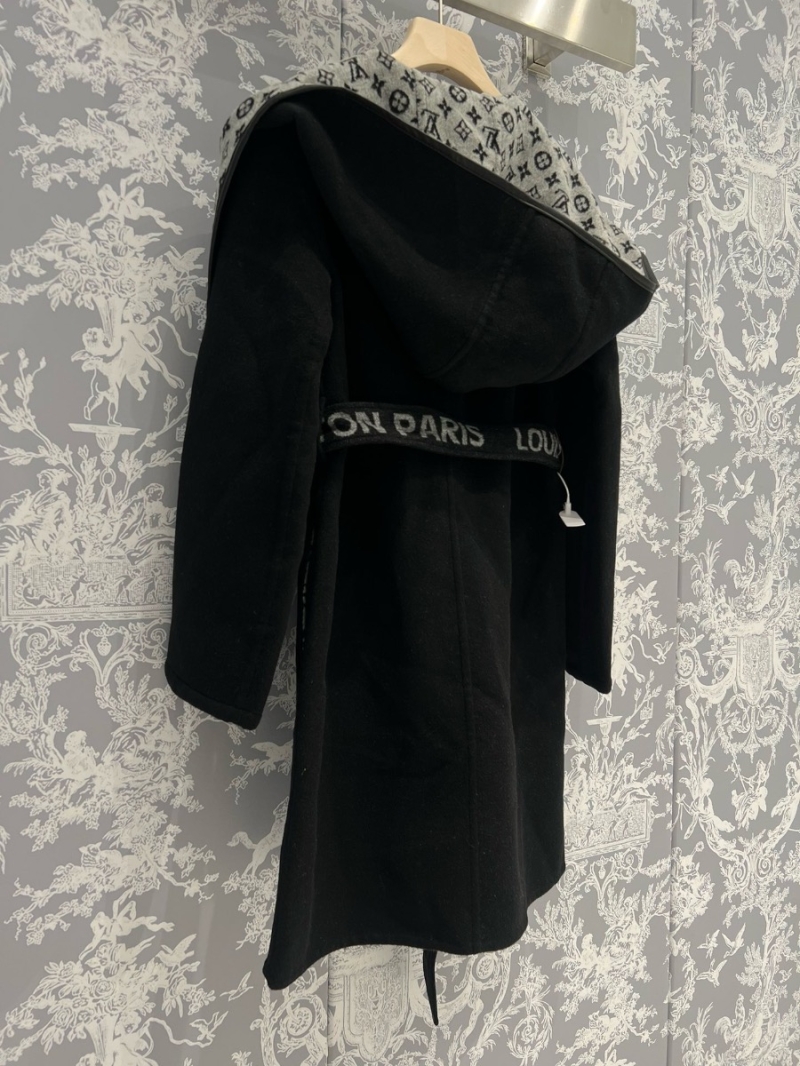 Louis Vuitton LV New Black Classic Monogram Wool Hooded Coat with Reversible Wear and Belted Letter Design