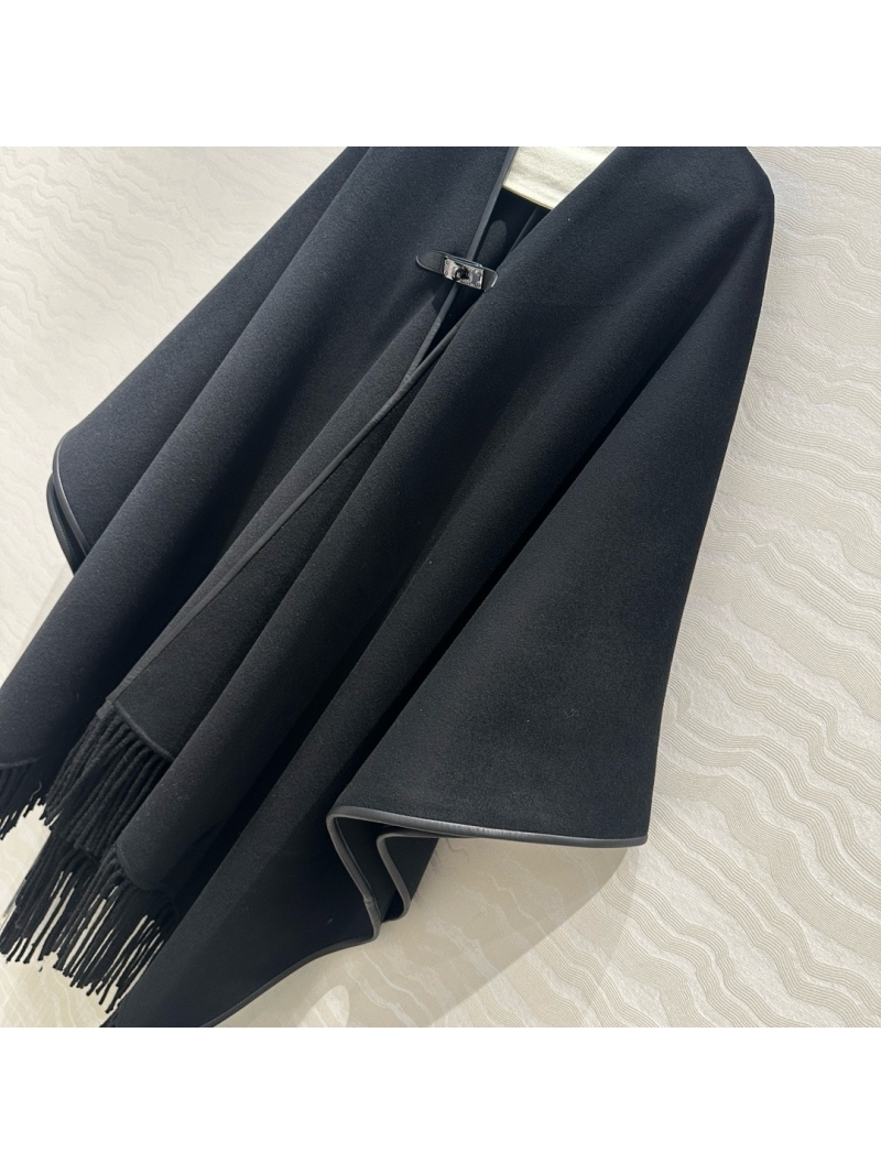 Hermes Wool and Cashmere Cape with Leather Trim Black