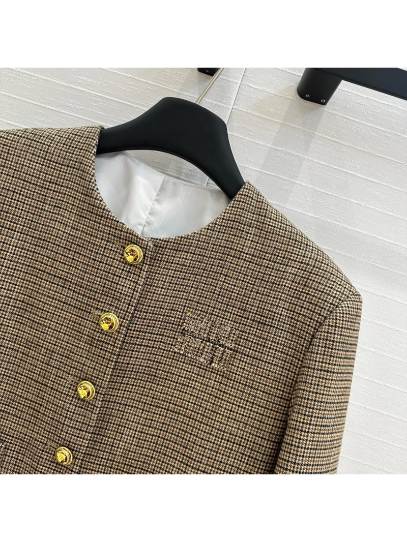 Miu Miu England-Style Houndstooth Round-Neck Cropped Jacket