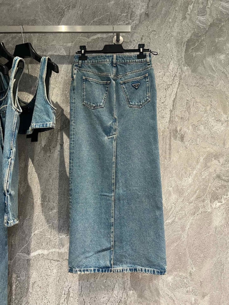 Prada Imported Enzyme-Washed Denim Long Midi Skirt