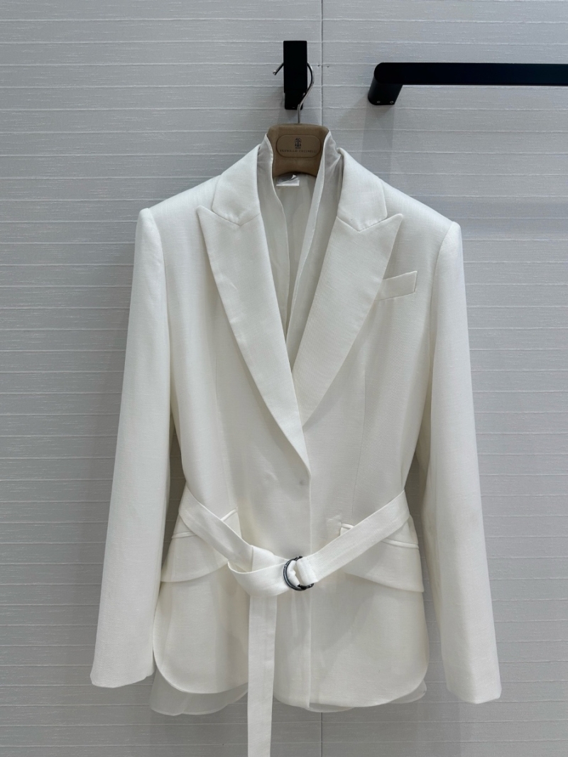 Brunello Cucinelli Two-Piece Belted Linen Blazer with Curved Vest White
