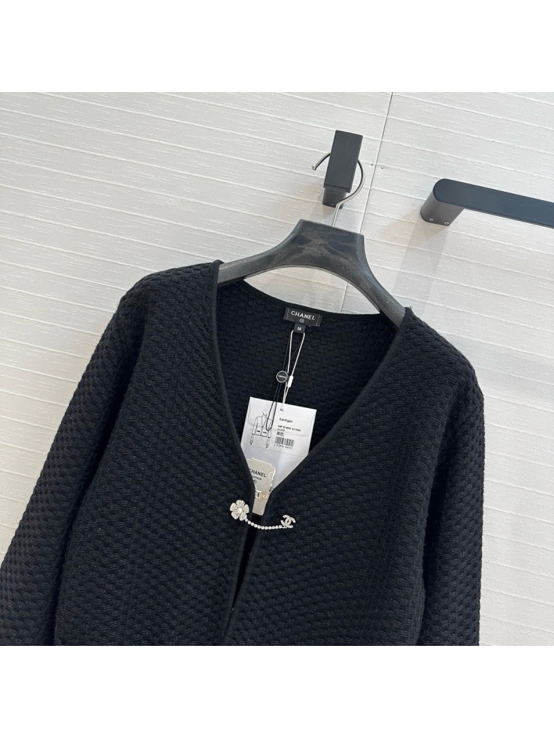 Chanel Spring 2025 Embossed Knit Hook Cardigan Black with Camellia Brooch