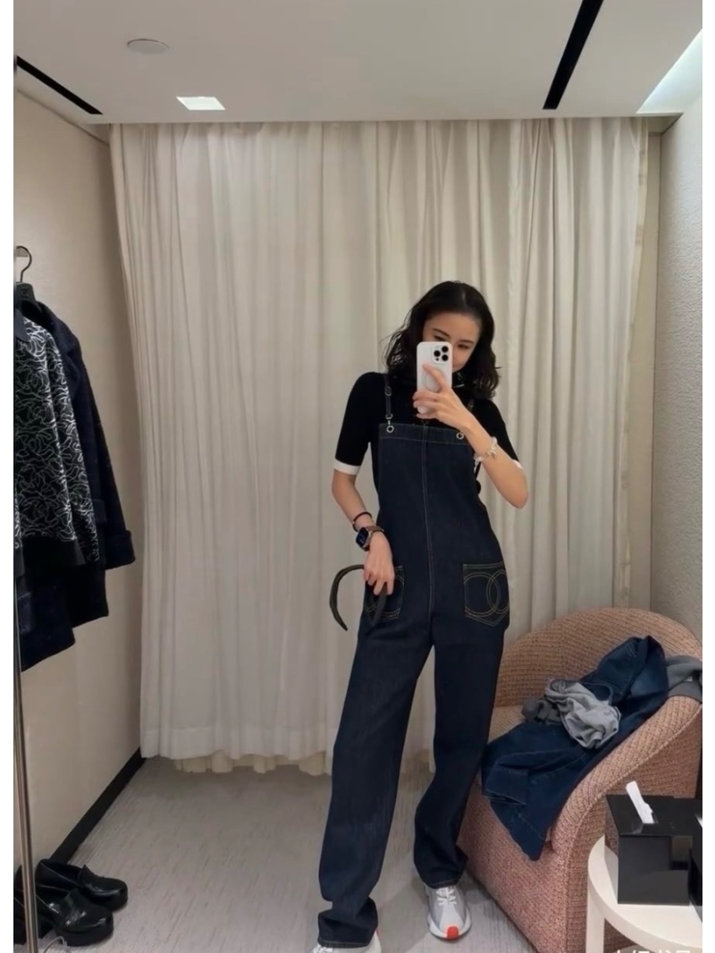 Chanel CC Denim Overalls with Embroidered Pockets