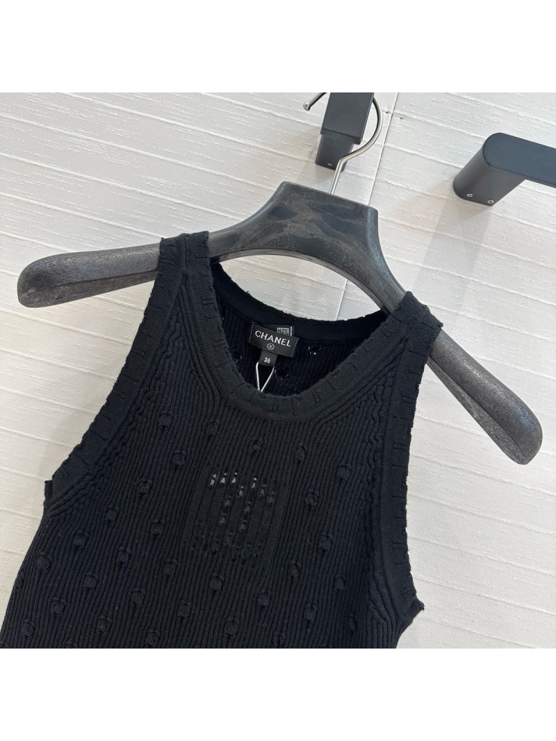 Chanel Spring 2025 Hollow-Out Embossed Knit Tank Top with Double-C Detail Black