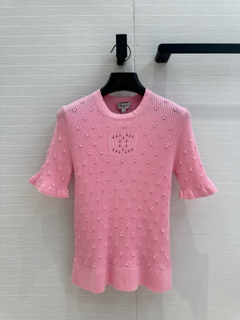 Chanel Spring 2025 Hollow-Out Embossed Knit Top with Double-C Detail pink