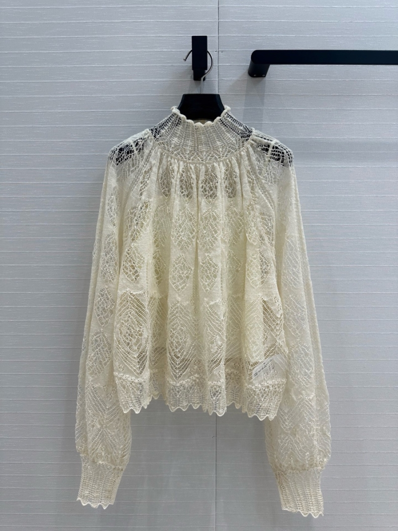 Dior Spring 2025 High-Neck Lace Two-Piece Top with Lantern Sleeves