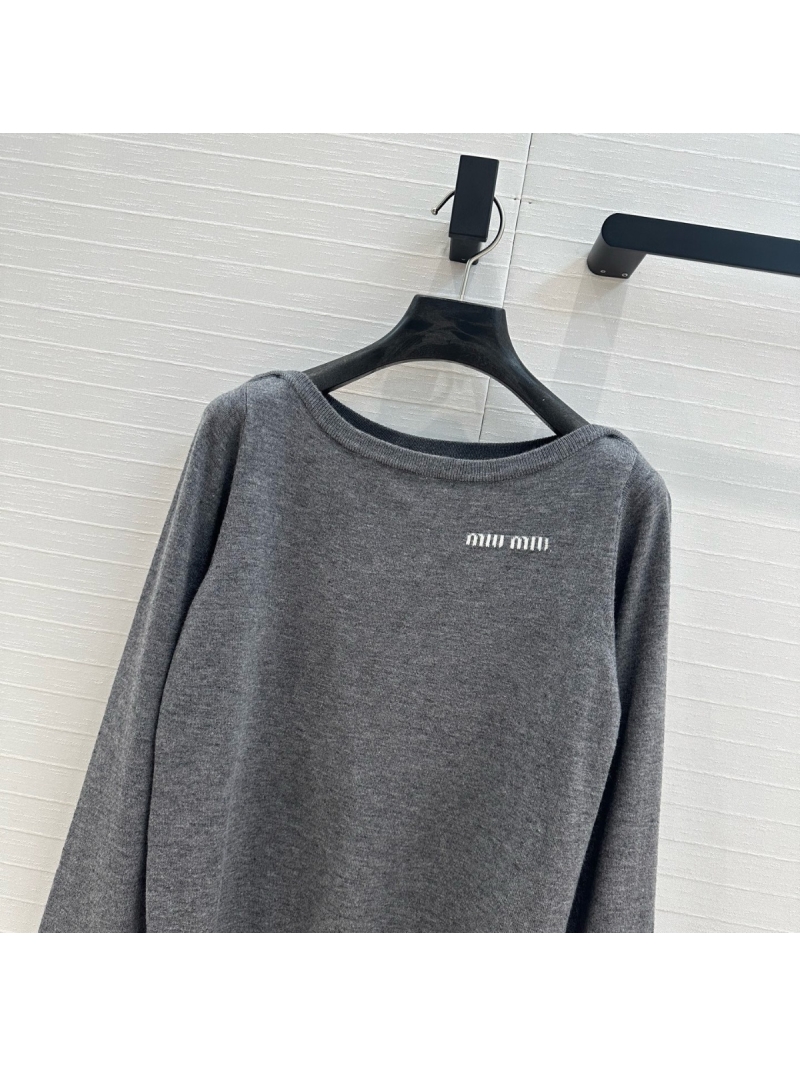 Miumiu 2025SS Early Spring Logo Cashmere Off-Shoulder Top Grey