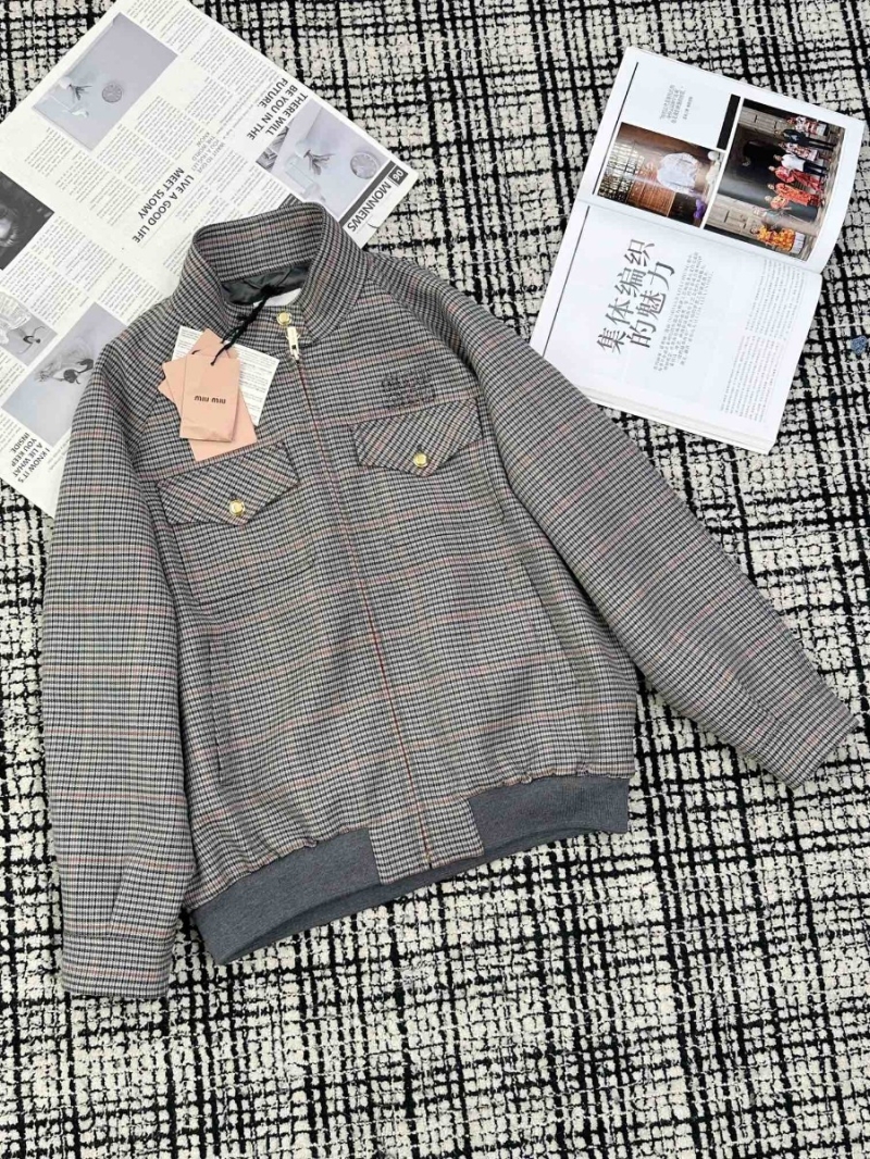 Miu Miu Lamb Wool Double Pocket Casual Checkered Jacket