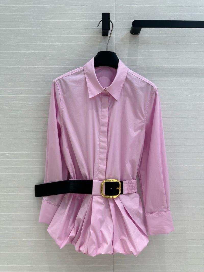  Loewe Early Spring Pleated Balloon-Sleeve Shirt with Belt Pink