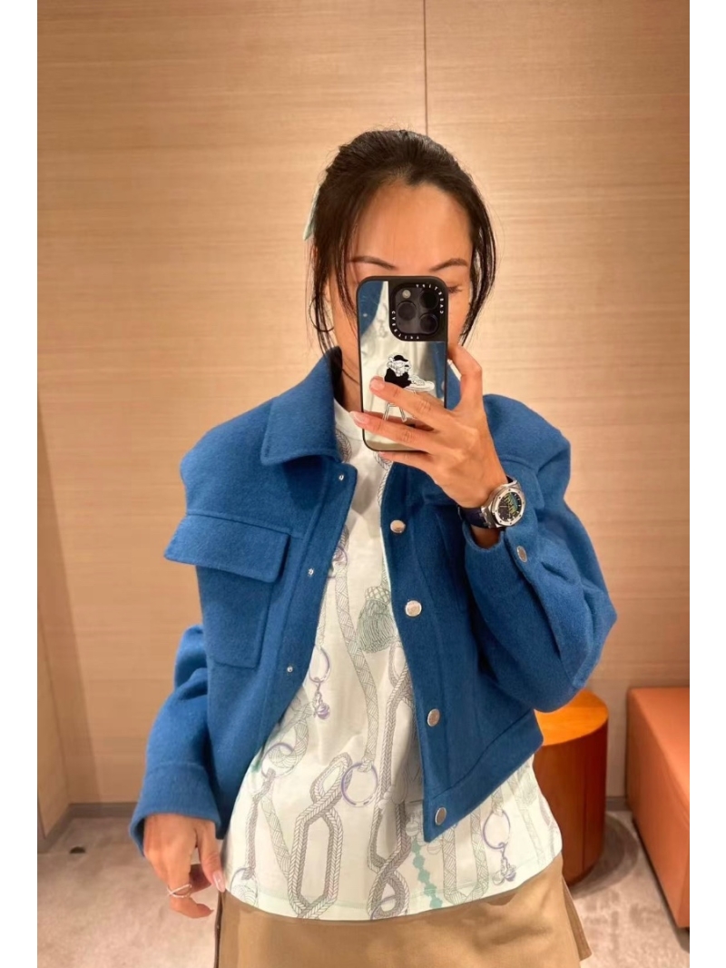 Hermes Exclusive Blue Cashmere-Blend Short Jacket - Luxe Handcrafted Double-Faced Wool with Ribbed Detailing