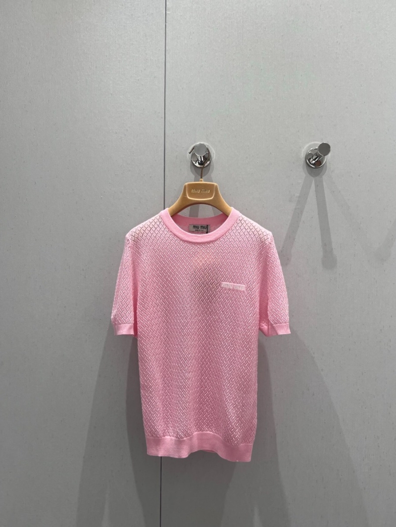 MiuMiu 25SS Spring/Summer Chic Hollow-Out Knit Short-Sleeve Top Pink
