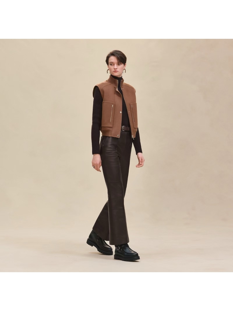 Hermès Caramel Cashmere Pilot Vest Jacket - Luxe Double-Faced Wool & Cashmere Blend with Ribbed Detailing