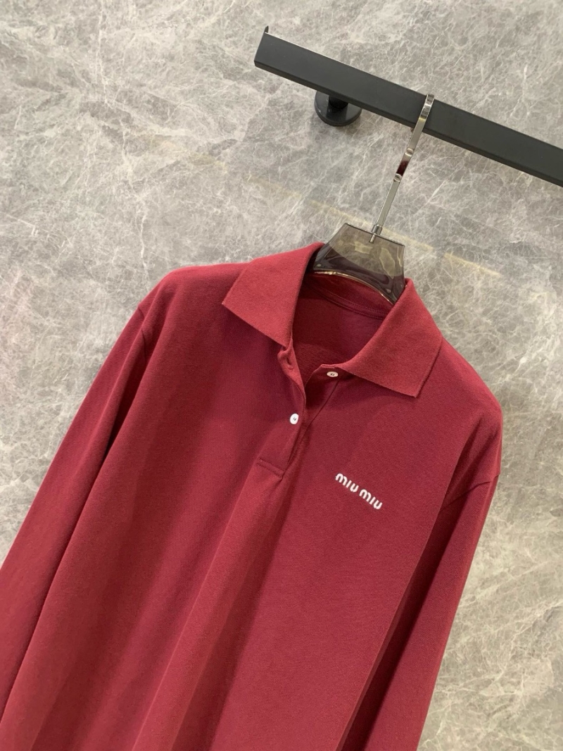 Miu Miu 24AW Autumn/Winter Jacquard Logo Piqué Cotton Long Sleeve Polo Shirt Wine