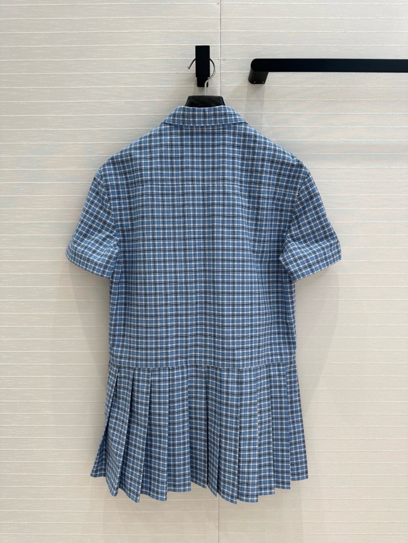 Miu Miu Blue Checkered Shirtdress with Pleated Skirt