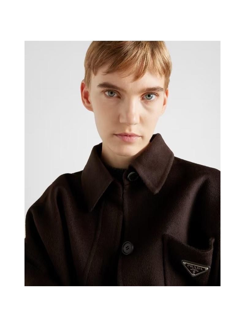 Prada Early Fall Collection Triangle Logo Coat in Maillard Brown - Luxe Double-Faced Wool & Cashmere Blend