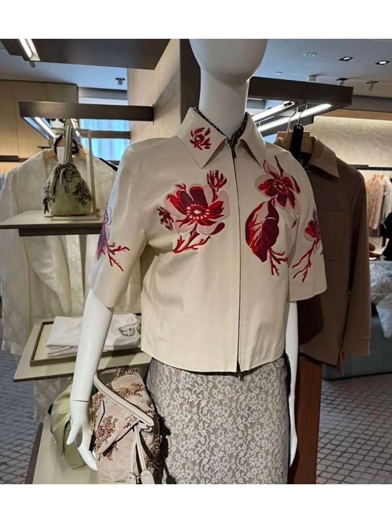 Fendi FF Couture Embroidered Leather Short Sleeve Jacket - Luxe 100% Lambskin with Handcrafted Appliqué