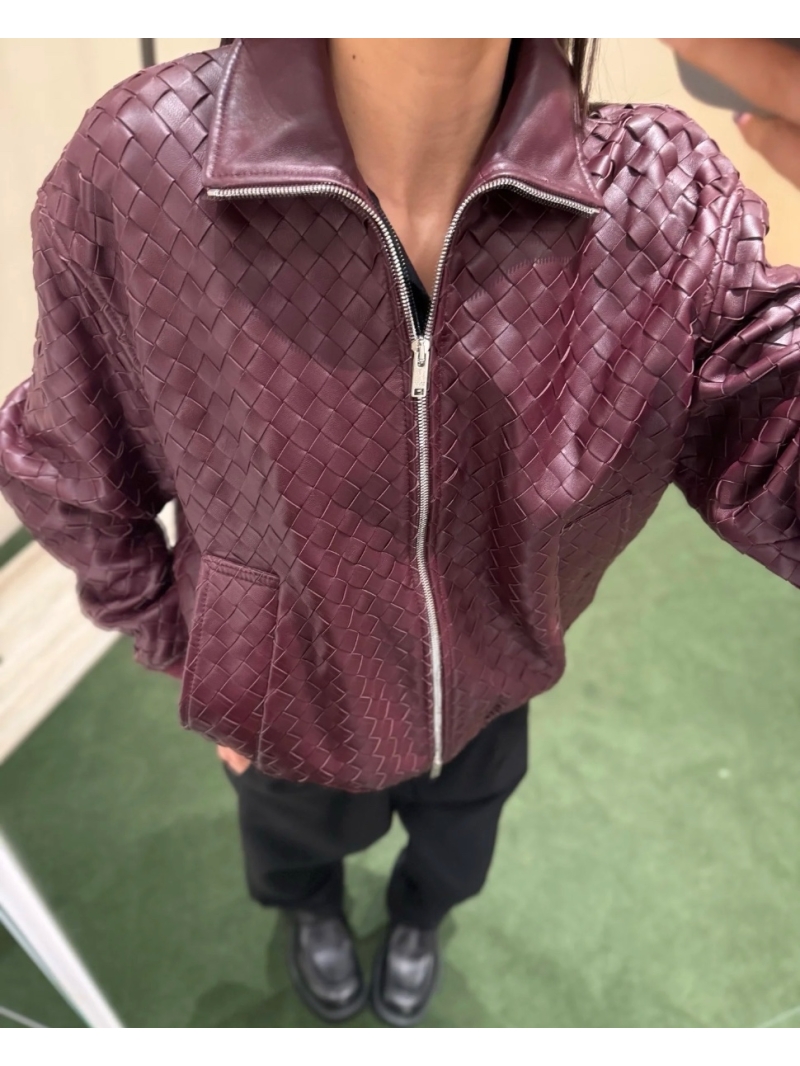 Bottega Veneta Exquisite Woven Leather Baseball Jacket in Wine Red - Luxe 100% Lambskin with Vintage Modern Appeal