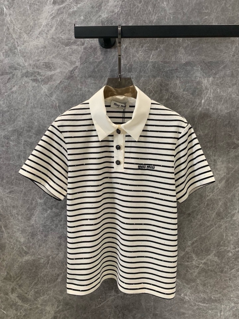Miu Miu 24SS Spring/Summer Striped Rhinestone Polo Shirt and Drawstring Shorts Set