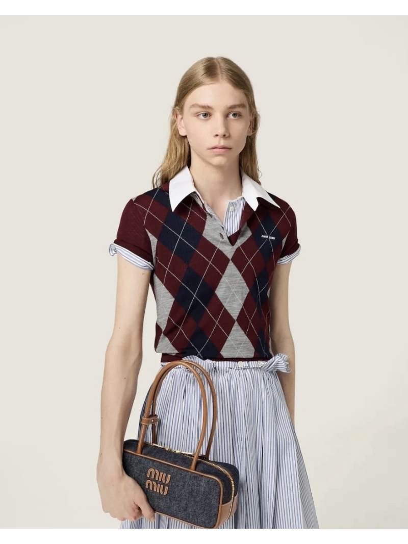 Miu Miu Luxe Argyle Polo Collar Short Sleeve Top in Mulberry - 100% Premium Imported Wool