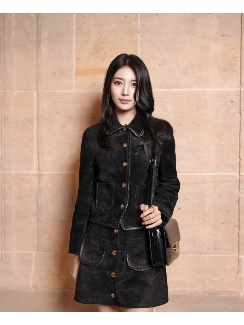 Celine Black Suede Triomphe Gold Button Collar Jacket - Suzy Bae Inspired