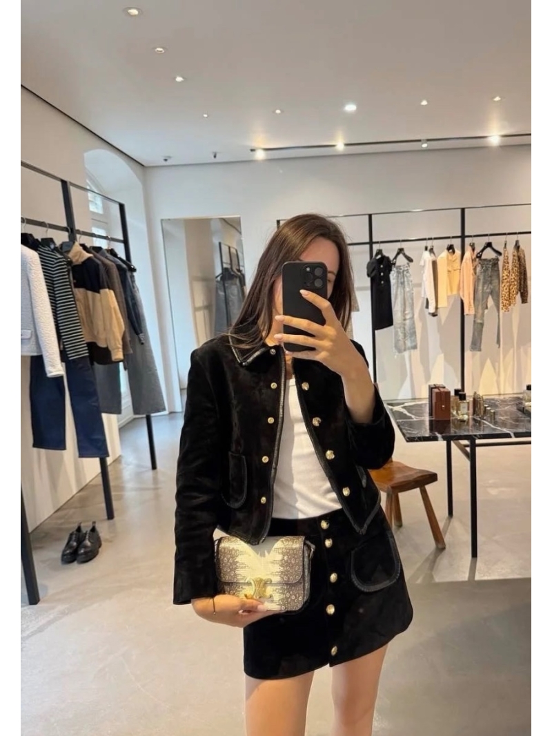 Celine Black Gold Arc de Triomphe Metal Buckle Suede Skirt