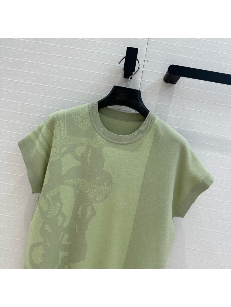 Hermes 25s Spring/Summer Color-Block Jacquard Knit Short Sleeve Top Green