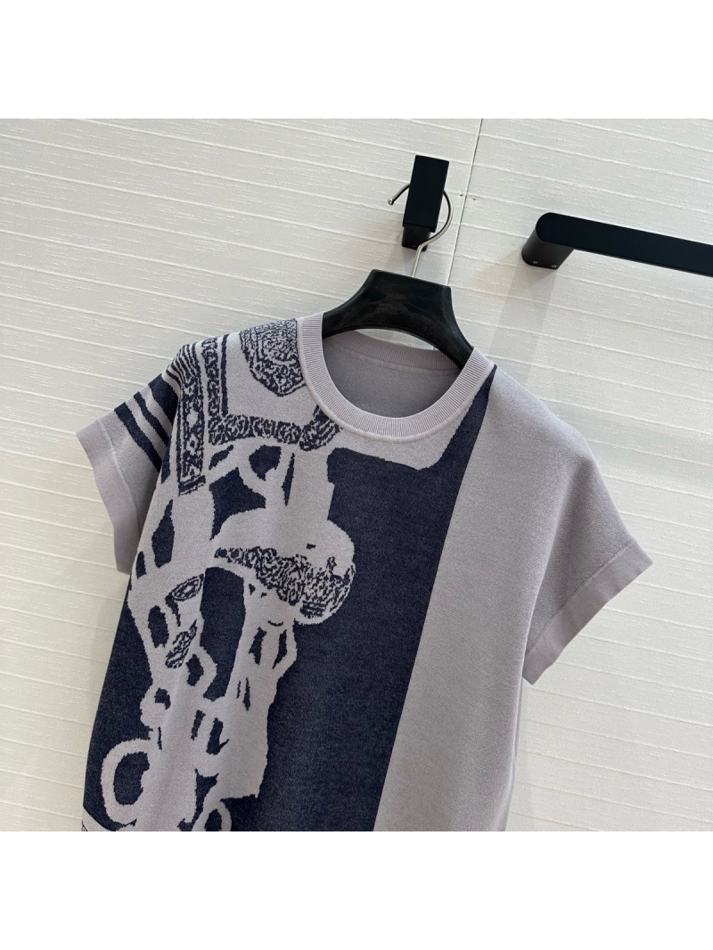 Hermes 25s Spring/Summer Color-Block Jacquard Knit Short Sleeve Top Grey