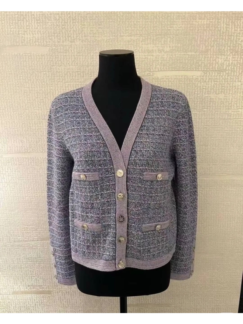 Chanel Coco Girl V-Neck Knit Cardigan in Lavender Blue