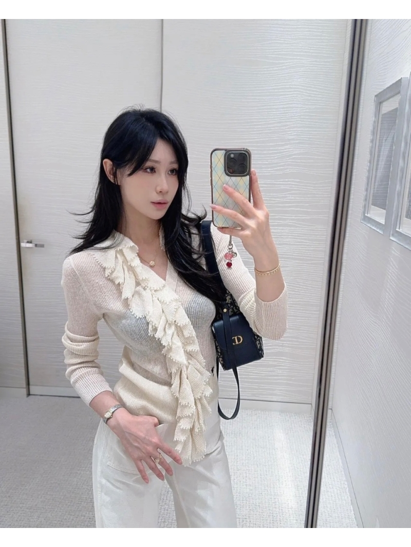 Dior Miss Dior V-Neck Cardigan Jacket with Detachable Lace Collar - Luxe Silk Linen Blend