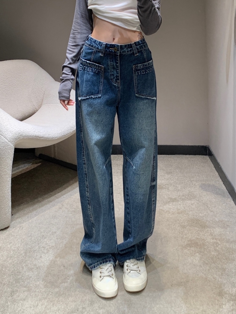 Alexander Wang Early Fall 25FW Retro Embossed Letter Double Pocket Curve Knife Denim Pants - Medium Wash Blue