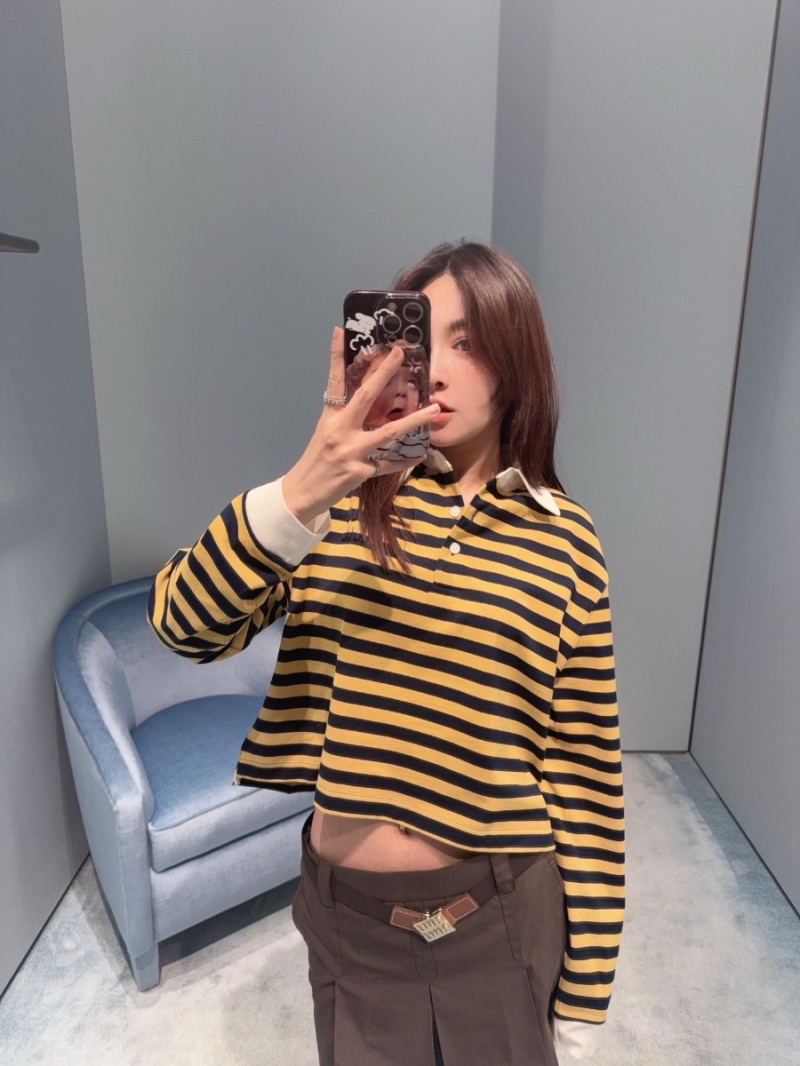 Miu Miu Long-Sleeved Polo Shirt in Navy Blue and Yellow Stripes with Contrast Collar
