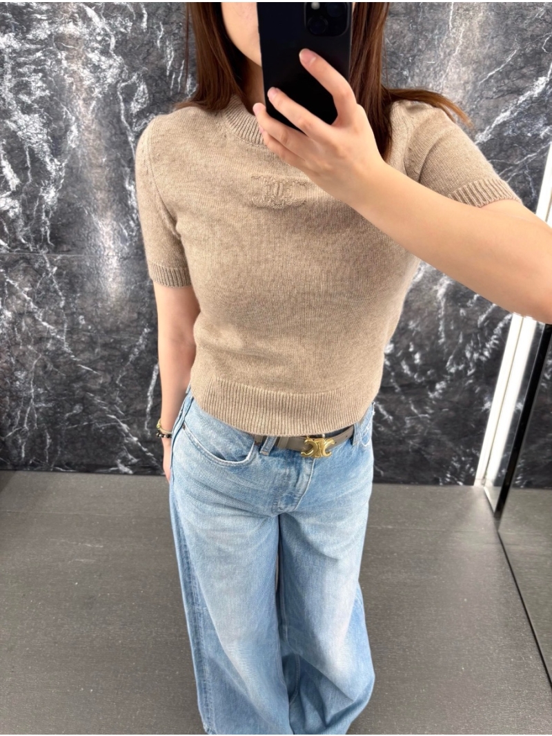 Celine Light Taupe Wool Short-Sleeve Knit Sweater - Luxe Early Autumn Collection