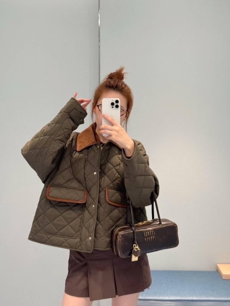 Miu Miu Quilted Military Green Diamond-Pattern Jacket with Napa Leather Collar