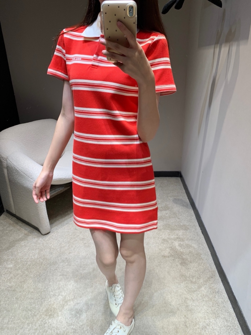 Miu Miu Red and White Striped Polo Collar Dress - Luxe Knit Fabric with Embroidered Logo