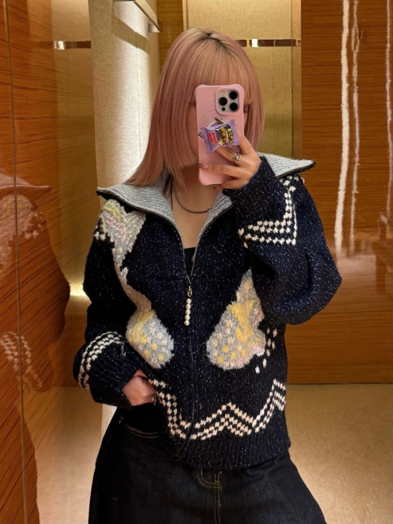 Louis Vuitton Nigo Collection Monogram Jacquard Zip-Up Knit Sweater in Dark Blue