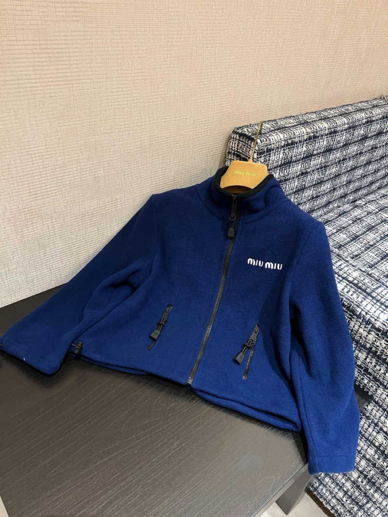 Miu Miu Retro Chic Cropped Jacket with Embroidered Logo Blue