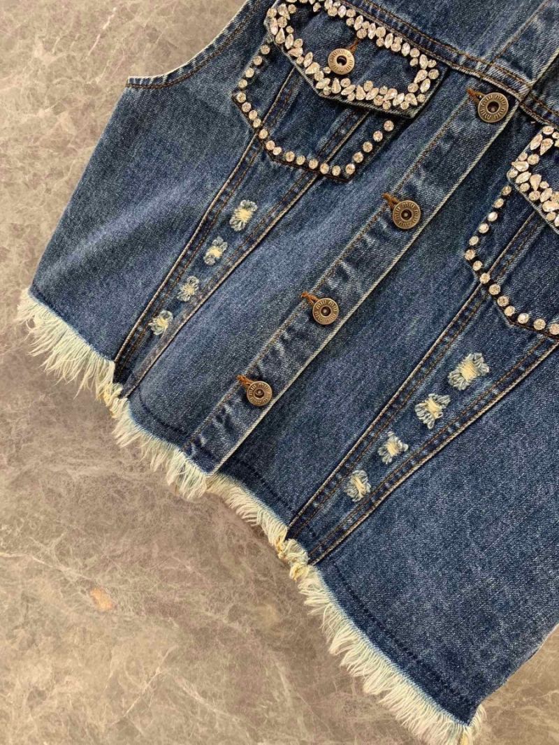Miu Miu 24Fw Early Autumn New Beaded Frayed Collar Denim Vest