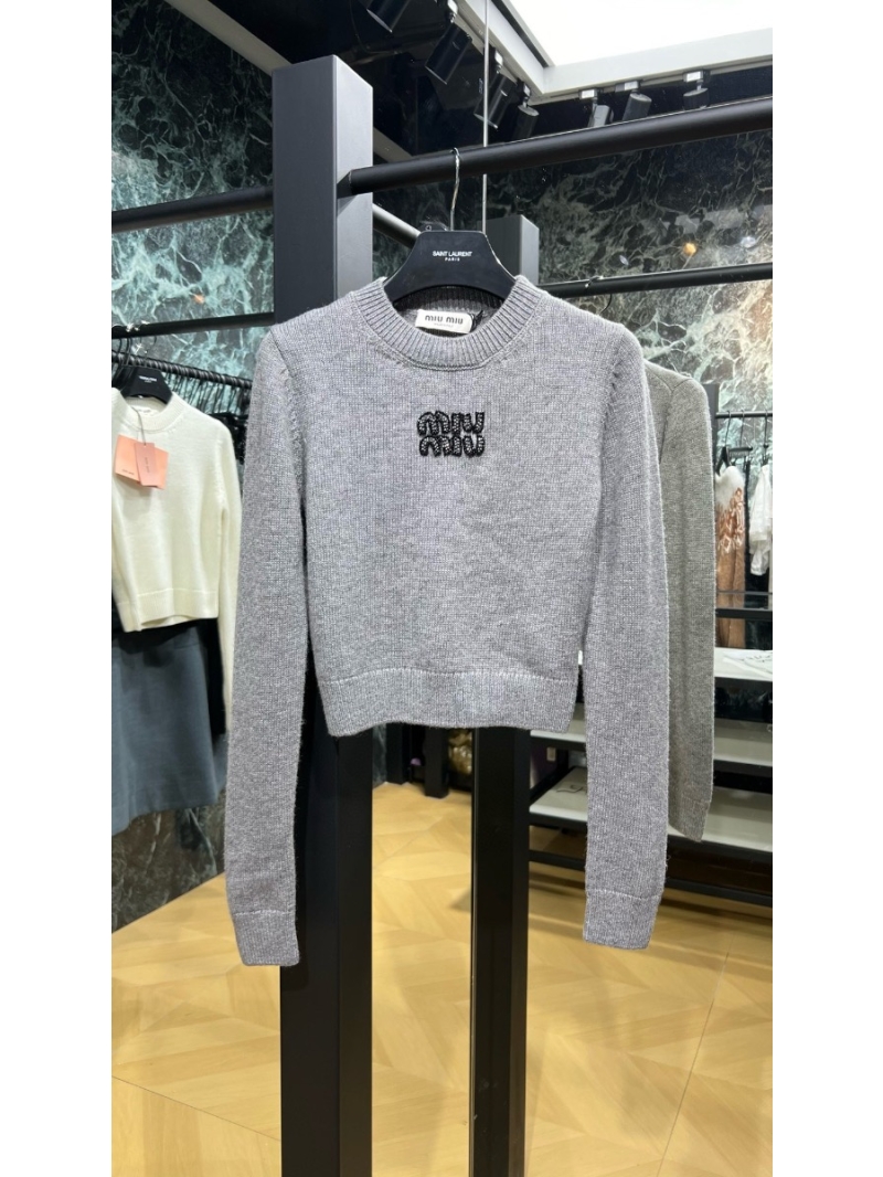 Miu Miu Fall 2024 Rhinestone Embellished Cropped Cashmere Sweater